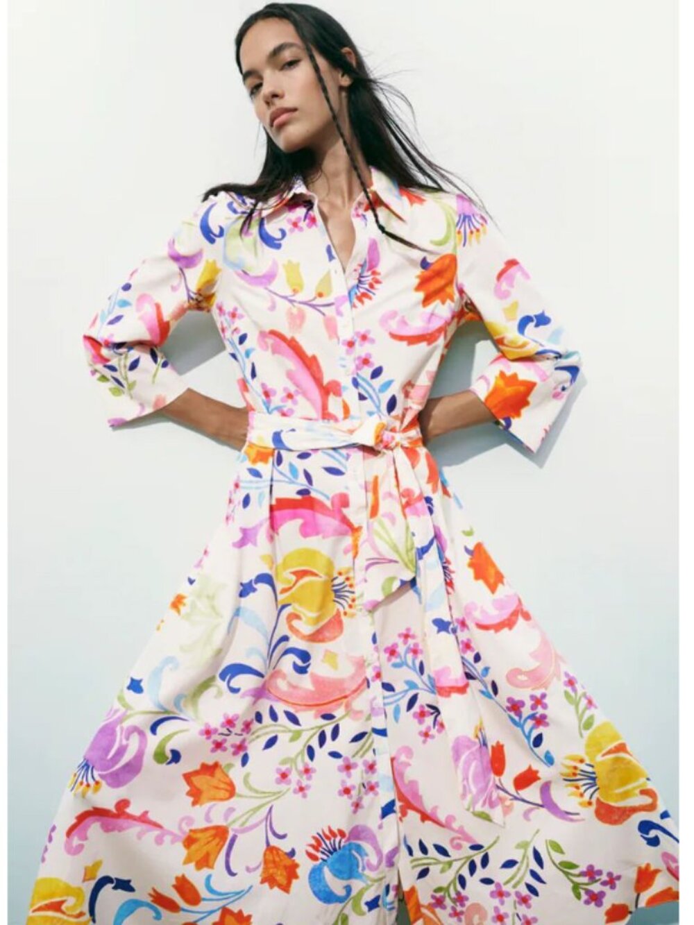 Zara Floral Belted Midi Shirt Dress Colorful Women's Small 100% Cotton